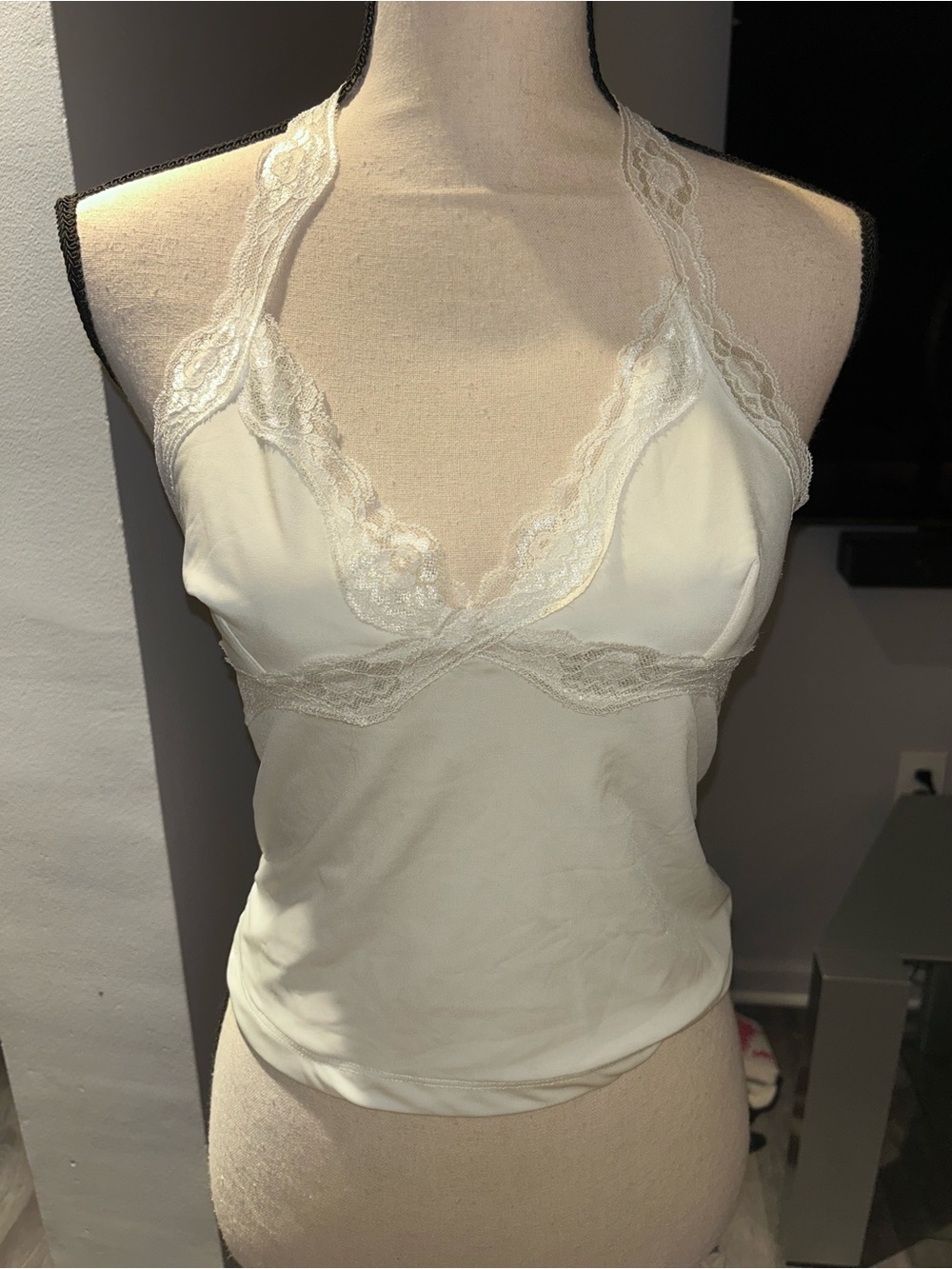 Satin Lace-Trim Halter Camisole in Cream